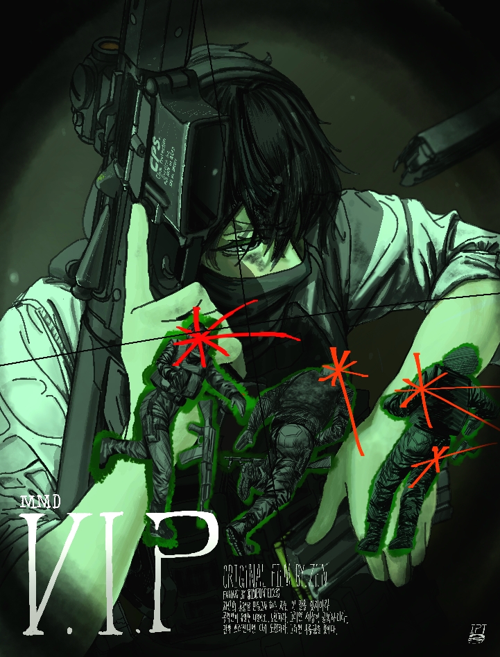 1boy, assault_rifle, black_hair, earphones, gun, holding, holding_magazine_(weapon), holding_weapon
