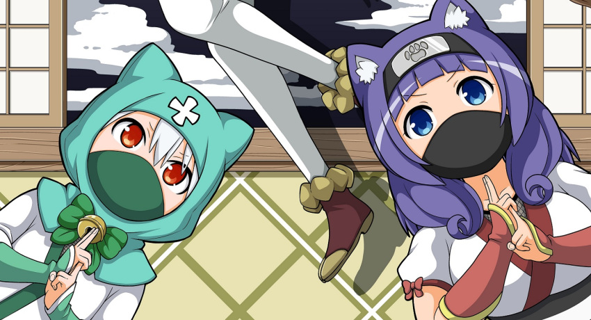 2girls, animal_ear_fluff, animal_ear_hood, animal_ears, animal_hood, arm_guards, armor, bell