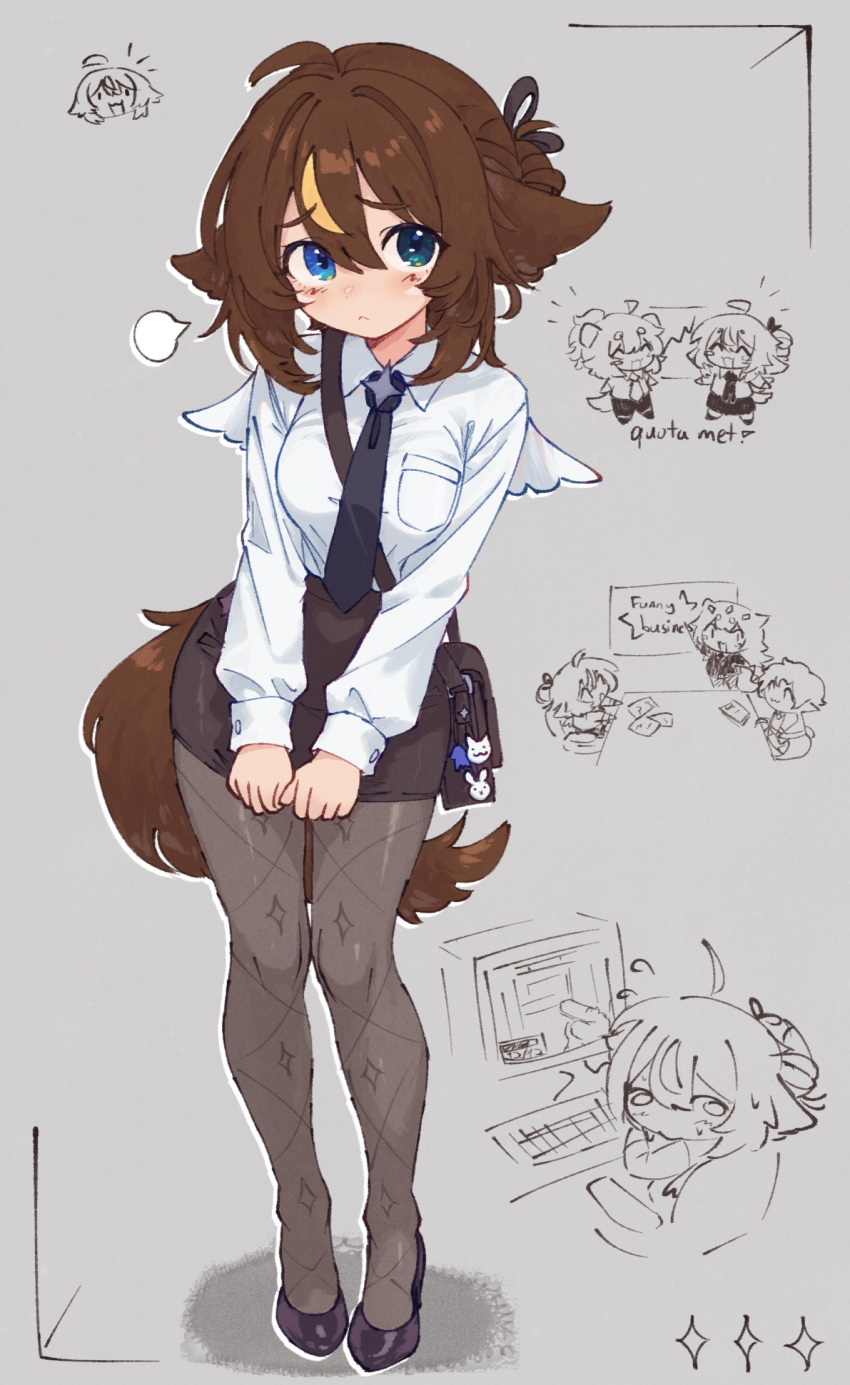 1girl, 2others, :<, ^_^, ahoge, angel_wings, animal_ears, bag