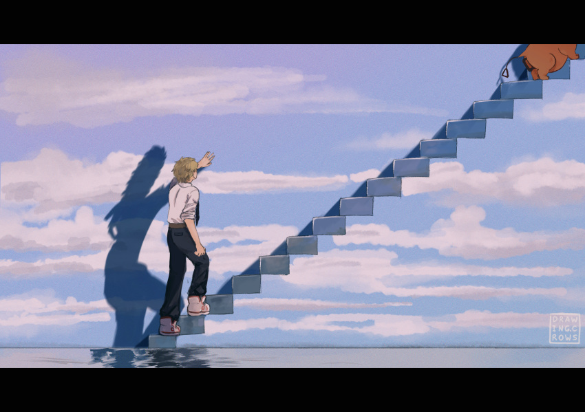 1girl, 1other, black_necktie, blonde_hair, chainsaw_man, commentary, denji_(chainsaw_man), different_shadow