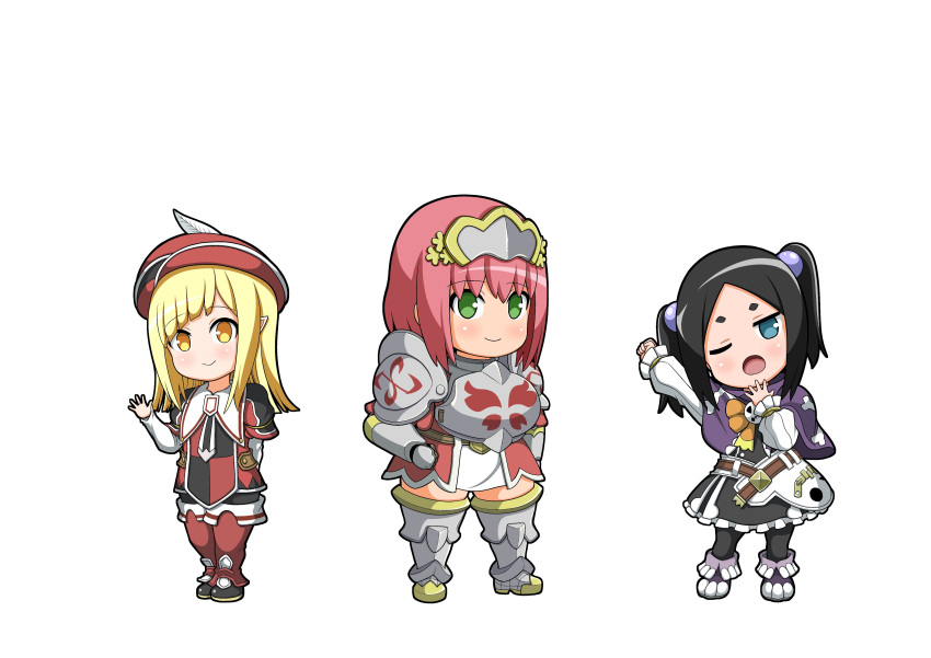 1boy, 2girls, :>, absurdres, androgynous, arm_up, armor, beads
