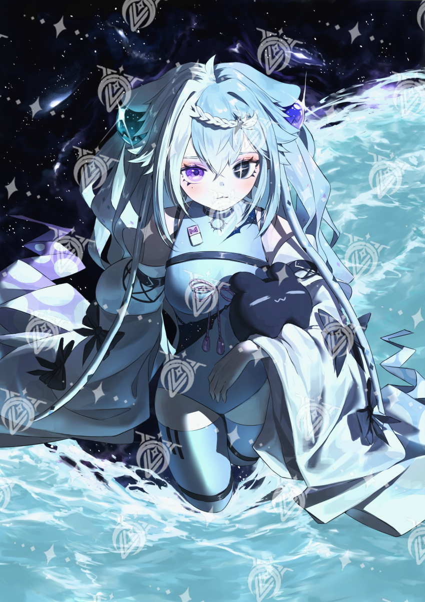 1girl, absurdres, ahoge, animal_ears, aquwa, bare_shoulders, black_eyes, blue_hair