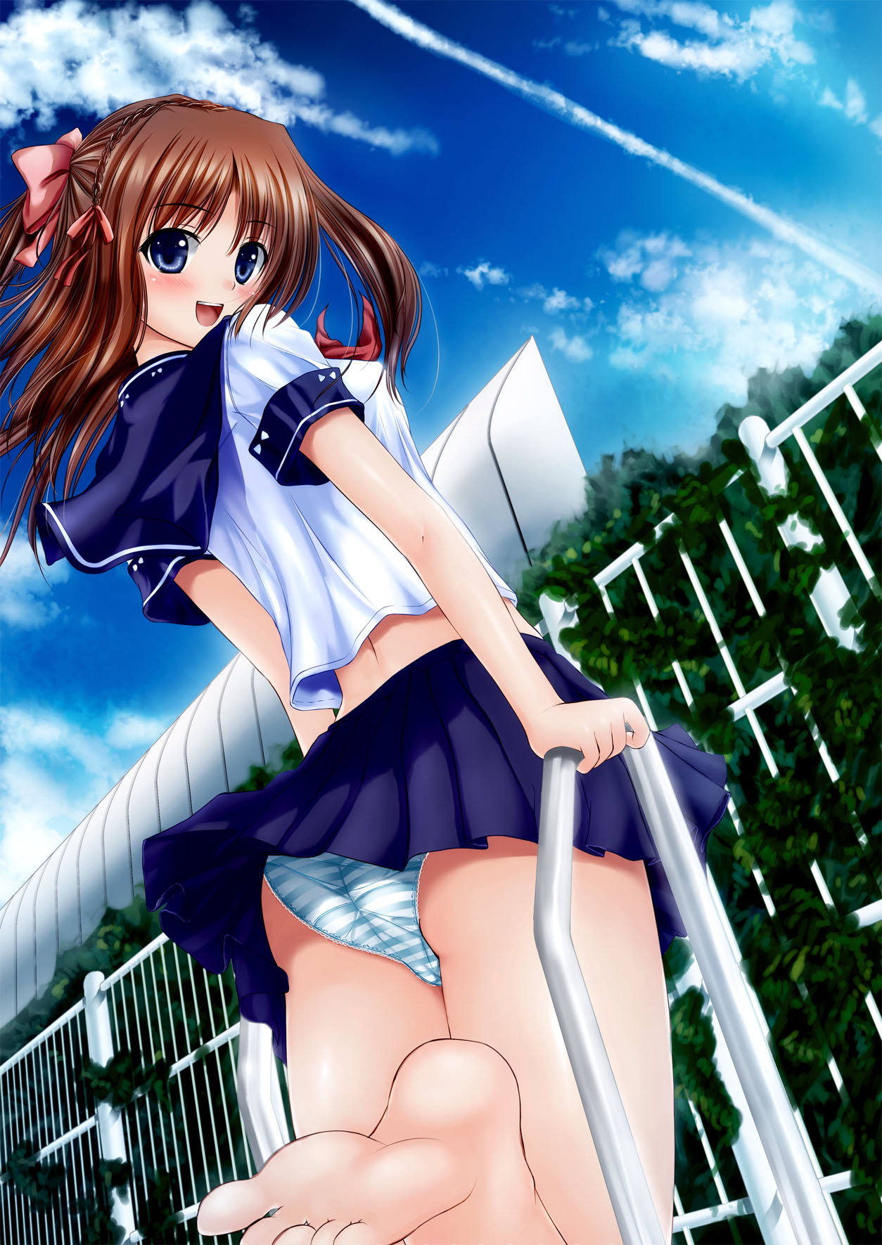 ass, barefoot, blue_eyes, blush, brown_hair, cloud, feet, fence