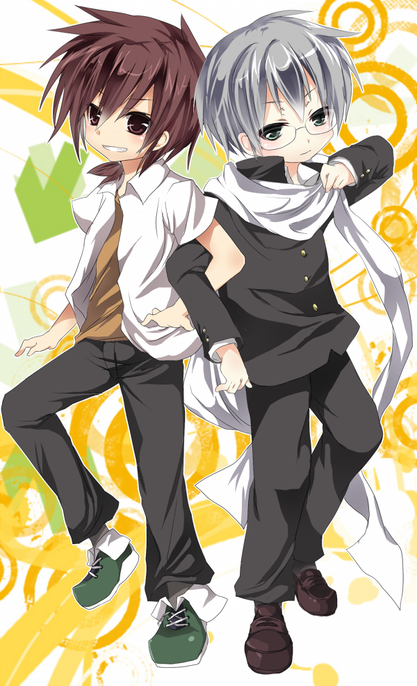 2boys, ao_oni, brown_eyes, brown_hair, emia, glasses, green_eyes, hiroshi_(ao_oni)