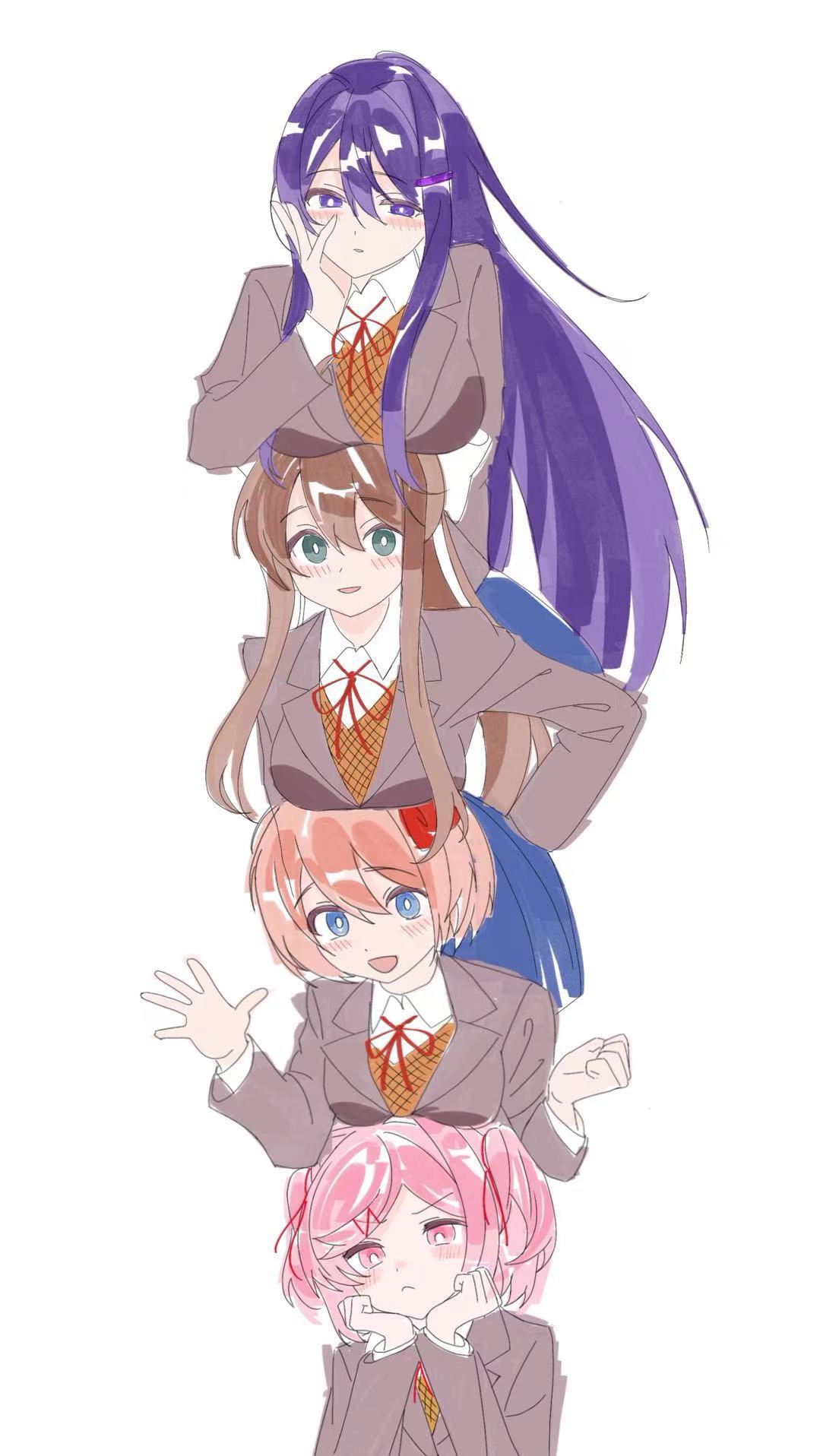 4girls, blue_eyes, blush, bow, bright_pupils, brown_hair, brown_suit, closed_mouth