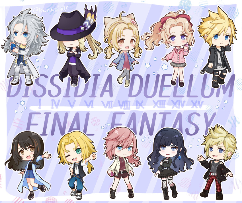 5boys, 5girls, absurdres, animal_ear_headwear, black_hair, blonde_hair, bow, chibi, cloud_strife, cloud_strife_(urban_wolf), commentary_request, copyright_name, dissidia_duellum_final_fantasy, dissidia_final_fantasy, dress, final_fantasy, final_fantasy_i, final_fantasy_iv, final_fantasy_ix, final_fantasy_v, final_fantasy_vi, final_fantasy_vii, final_fantasy_viii, final_fantasy_xiii, final_fantasy_xiv, final_fantasy_xv, gaia_(artemis_gothic_dress)_(ff14), gaia_(ff14), goth_fashion, grey_hair, hair_bow, hat, hat_over_eyes, highres, in-franchise_crossover, jacket, kain_highwind, kain_highwind_(casual_dragoon), krile_mayer_baldesion_(ff5), krile_mayer_baldesion_(out_and_about)_(ff5), ku_ru_mi_n39, lightning_farron, lightning_farron_(modern_jacket), looking_at_viewer, multiple_boys, multiple_girls, official_alternate_costume, pink_hair, ponytail, prompto_argentum, prompto_argentum_(friendly_photographer), rinoa_heartilly, rinoa_heartilly_(student_sorceress), short_shorts, shorts, spiky_hair, terra_branford, terra_branford_(school_cardigan), warrior_of_light_(ff1), warrior_of_light_(twilight_overcoat)_(ff1), zidane_tribal, zidane_tribal_(vacationing_thief)
