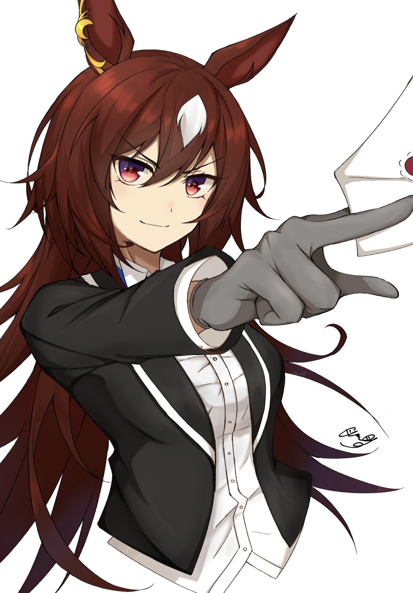 1girl, absurdres, amaxa, animal_ears, black_jacket, blush, breasts, brown_hair