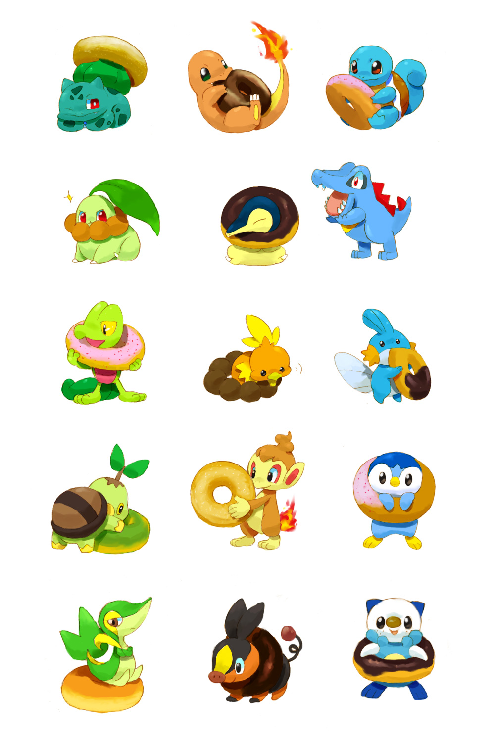 >:3, brown_eyes, bulbasaur, charmander, chikorita, chimchar, cyndaquil, desert, doughnut, fire, food, goruti, highres, mudkip, no_humans, oshawott, piplup, pokemon, pokemon_(creature), pokemon_(game), pokemon_bw, pokemon_dppt, pokemon_gsc, pokemon_rgby, pokemon_rse, red_eyes, simple_background, snivy, squirtle, tepig, torchic, totodile, treecko, turtwig, white_background