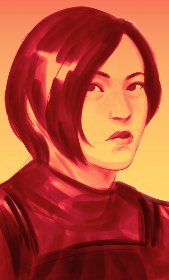1girl, ada_wong, aegyo_sal, commentary, copyright_request, english_commentary, expressionless, greyscale
