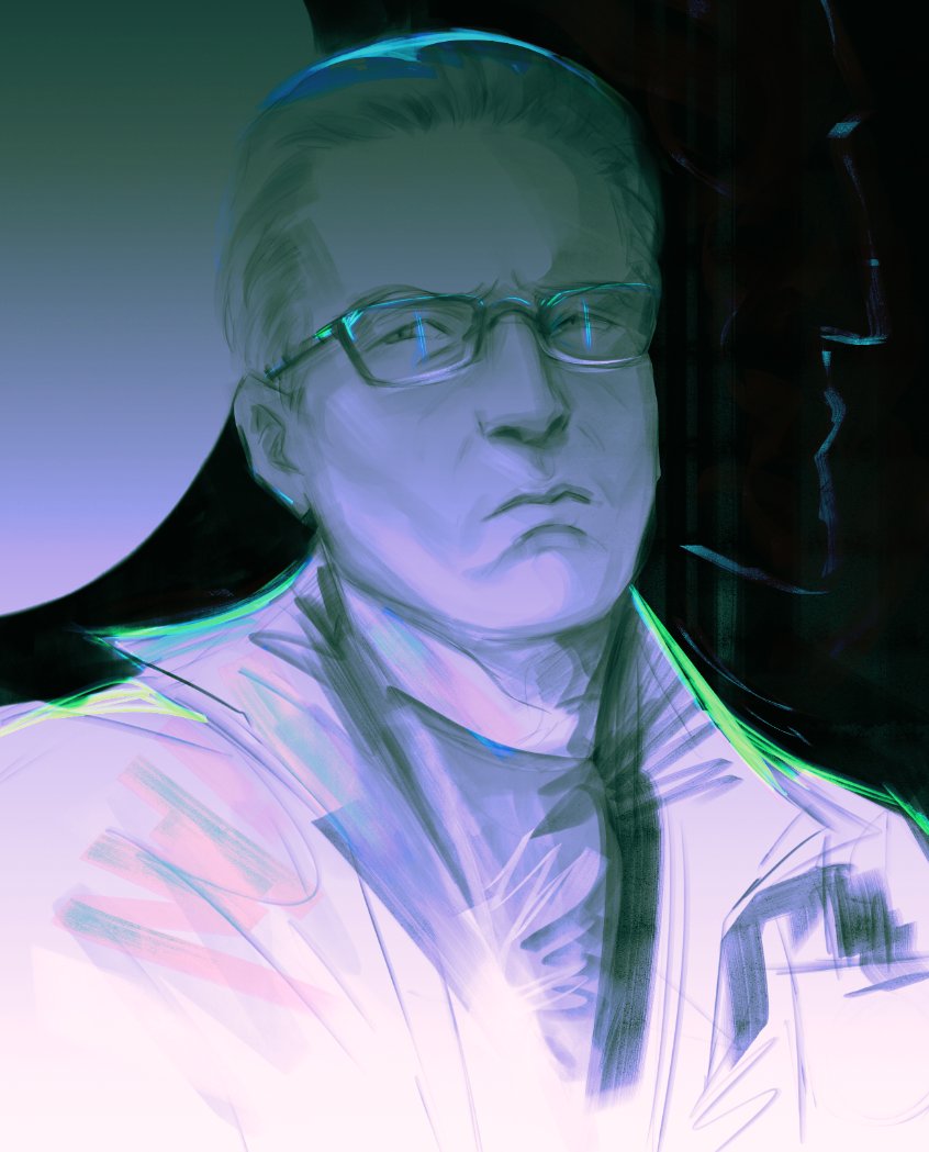 1boy, albert_wesker, backlighting, commentary, copyright_request, english_commentary, frown, furrowed_brow