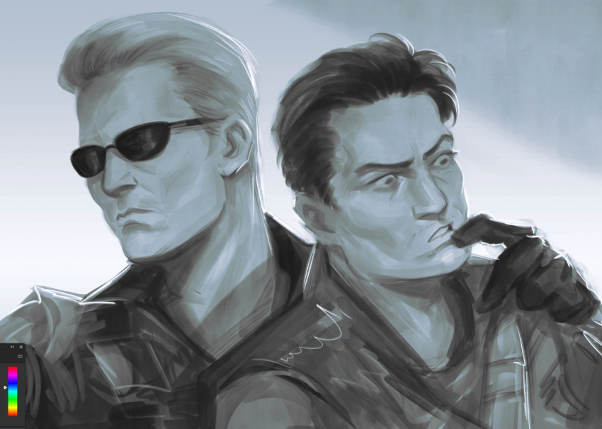 2boys, albert_wesker, art_program_in_frame, character_request, check_character, chris_redfield, confused, furrowed_brow