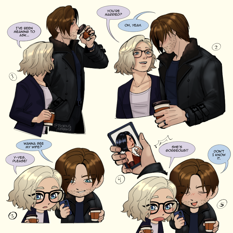 2girls, ada_wong, beard_stubble, bisexual_female, black-framed_eyewear, black_coat, black_hair, blonde_hair