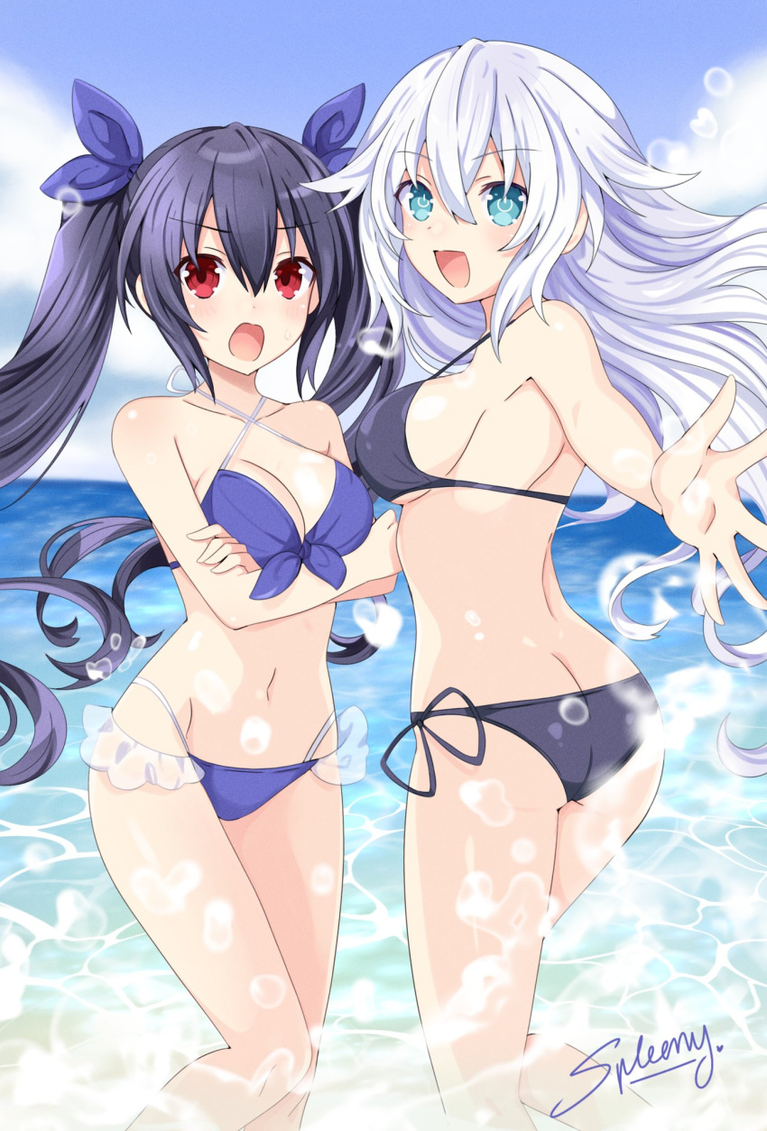 aqua_eyes, artist_name, bare_shoulders, beach, bikini, black_bikini, black_hair, black_heart_(neptunia)