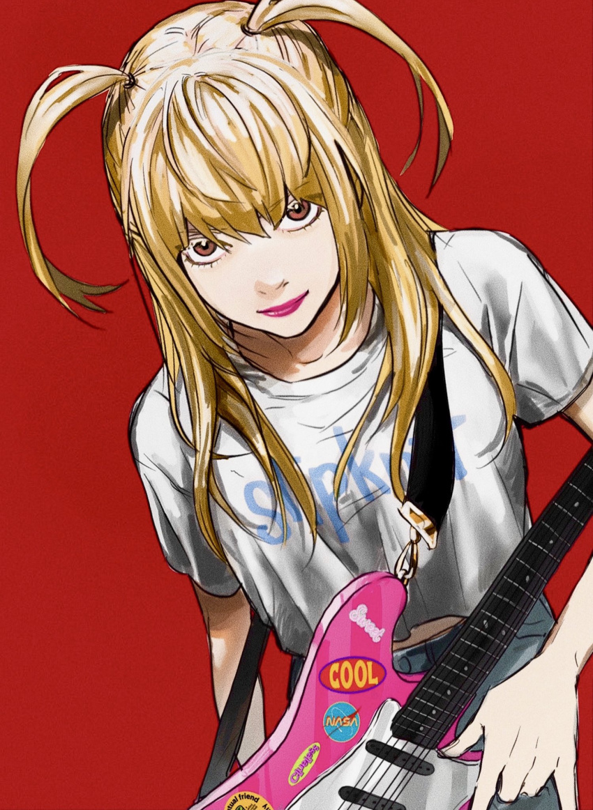 10kira, 1girl, amane_misa, band_shirt, blonde_hair, blue_pants, breasts, brown_eyes