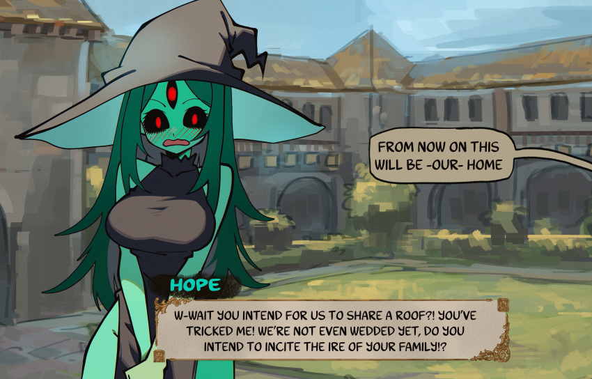 1girl, absurdres, bare_shoulders, basedbinkie, black_dress, black_hat, black_sclera, blush