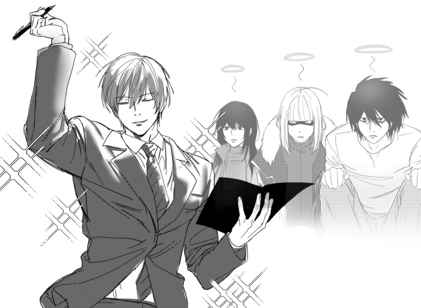 10kira, 1girl, 3boys, annoyed, bags_under_eyes, black_hair, bob_cut, closed_eyes, collared_shirt, death_note, death_note_(object), fur-trimmed_jacket, fur_trim, greyscale, hair_between_eyes, halo, hands_on_own_knees, highres, holding, holding_notebook, holding_pen, jacket, l_(death_note), long_hair, medium_hair, mello_(death_note), misora_naomi, monochrome, multiple_boys, necktie, no_eyebrows, notebook, pants, pen, shaded_face, shirt, short_hair, smile, sparkle, spirit, suit_jacket, turtleneck, white_background, white_shirt, yagami_light
