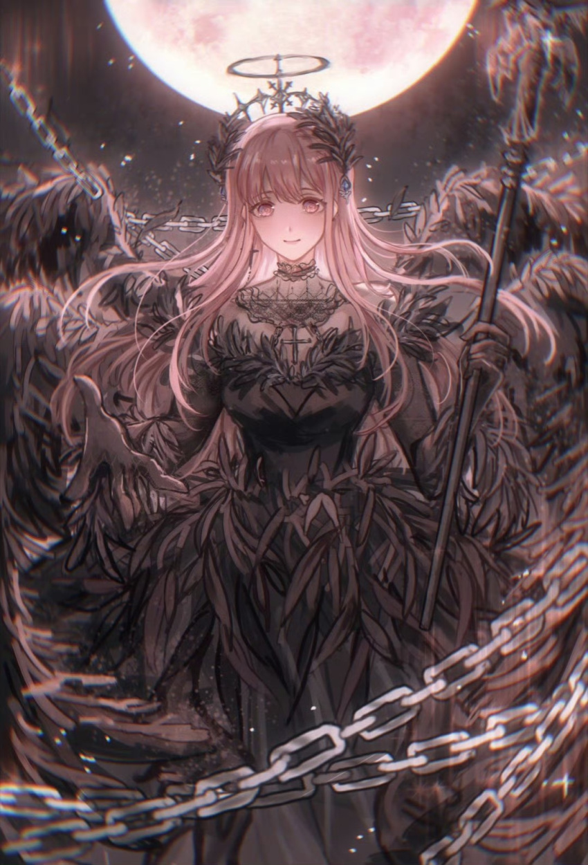 1girl, angel, angel_wings, artist_request, black_collar, black_dress, black_gloves, black_halo