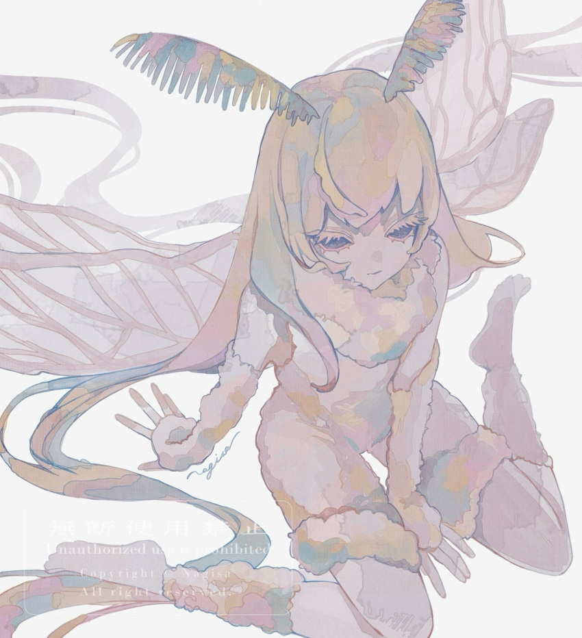 1girl, antennae, arthropod_girl, colored_skin, commentary_request, highres, insect_wings, long_hair, monster_girl, moth_antennae, moth_girl, moth_wings, nagisa_(weisserschlamm), original, simple_background, solo, very_long_hair, white_background, white_skin, white_wings, wings