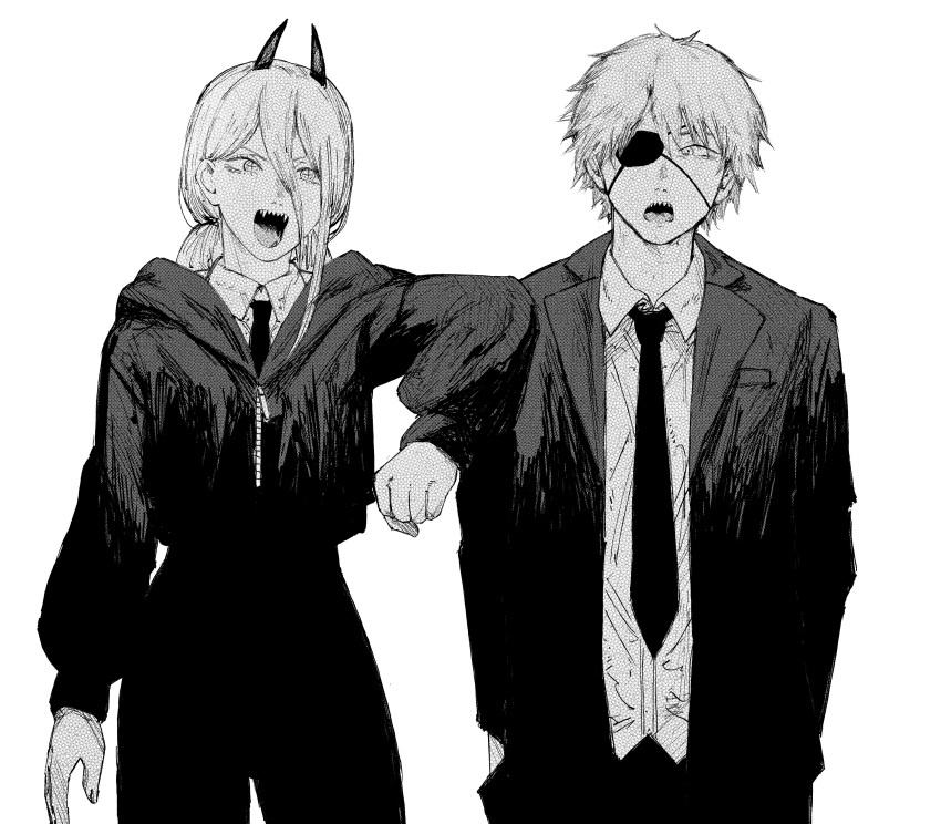 1boy, 1girl, absurdres, chainsaw_man, collared_shirt, commentary, cropped_jacket, demon_girl, denji_(chainsaw_man), dress_shirt, english_commentary, eyepatch, greyscale, hair_between_eyes, highres, horns, jacket, kizuru09, long_hair, monochrome, necktie, open_clothes, open_jacket, open_mouth, power_(chainsaw_man), ringed_eyes, sharp_teeth, shirt, short_hair, simple_background, standing, straight-on, symbol-shaped_pupils, teeth, twintails, white_background