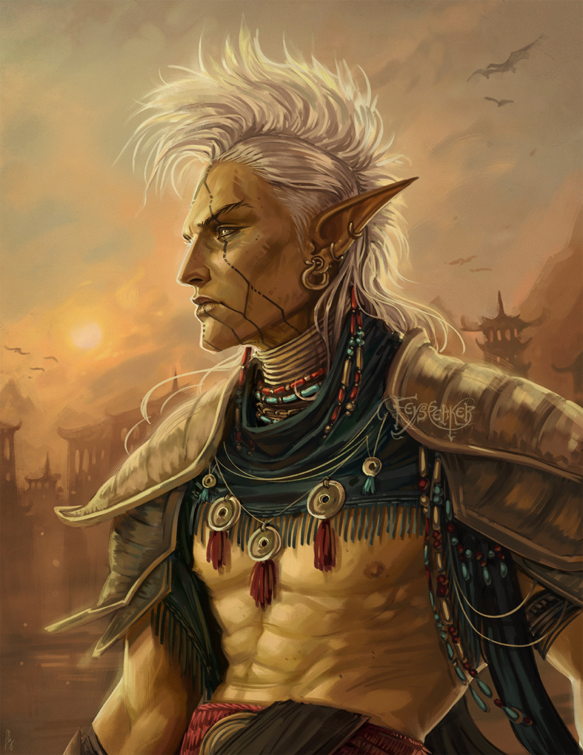 1boy, armor, artist_name, bead_necklace, beads, blue_scarf, building, clouds