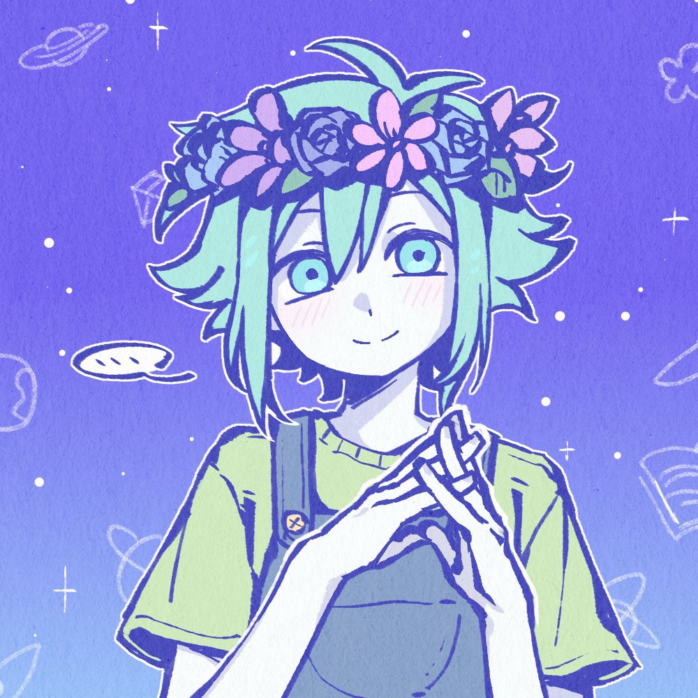 ..., 1boy, antenna_hair, basil_(headspace)_(omori), basil_(omori), blue_overalls, blush, chinese_commentary