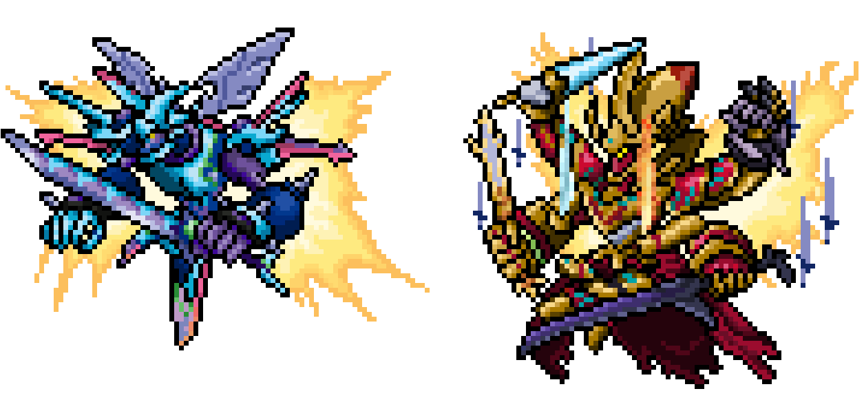 armamon, armamon_burst_mode, commentary, digimon, digimon_(creature), energy_wings, english_commentary, floating, floating_object, floating_sword, floating_weapon, holding, holding_polearm, holding_sword, holding_weapon, lance, multiple_wielding, otrojorch, pixel_art, polearm, simple_background, sword, weapon, white_background, wings