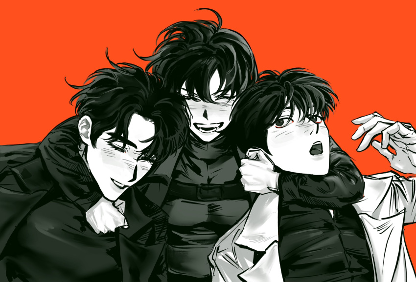 1girl, 2boys, :o, arm_around_neck, chest_belt, coat, collared_shirt, commentary