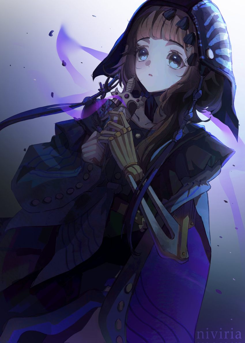 1girl, artist_name, black_background, black_coif, black_skirt, blue_eyes, blue_shirt, chinstrap