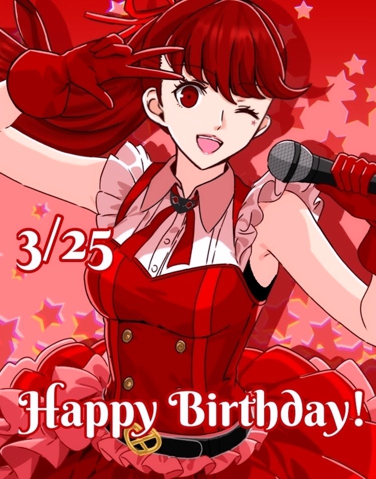 1girl, akegoro_s2, alternate_costume, breasts, buttons, commentary, commentary_request, dated, frills, happy_birthday, holding, holding_microphone, long_hair, looking_at_viewer, microphone, music, one_eye_closed, open_mouth, party_popper, persona, persona_5, persona_5_the_royal, ponytail, red_background, red_eyes, red_hair, ribbon, singing, smile, w, yoshizawa_kasumi