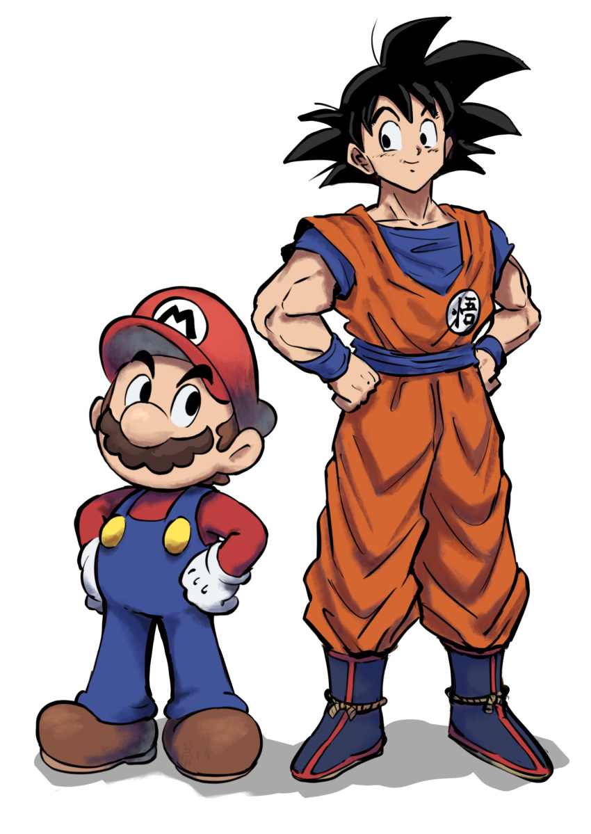 2boys, black_eyes, black_hair, blue_boots, blue_overalls, blue_sash, blue_shirt, boots, brown_hair, brown_shoes, buttons, closed_mouth, commentary, crossover, dougi, dragon_ball, dragon_ball_z, english_commentary, facial_hair, full_body, gloves, hands_on_own_hips, hat, highres, large_nose, long_sleeves, looking_at_another, looking_to_the_side, male_focus, mari_luijiroh, mario, multiple_boys, muscular, muscular_male, mustache, orange_pants, orange_shirt, overalls, pants, pants_tucked_in, red_hat, red_shirt, sash, shirt, shoes, short_hair, short_male, short_sleeves, side-by-side, simple_background, smile, son_goku, spiky_hair, standing, super_mario_bros., waist_sash, white_background, white_gloves, wristband