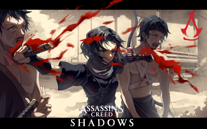 1girl, 2boys, architecture, armor, arnocn, assassin's_creed:_shadows, assassin's_creed_(series), assassination