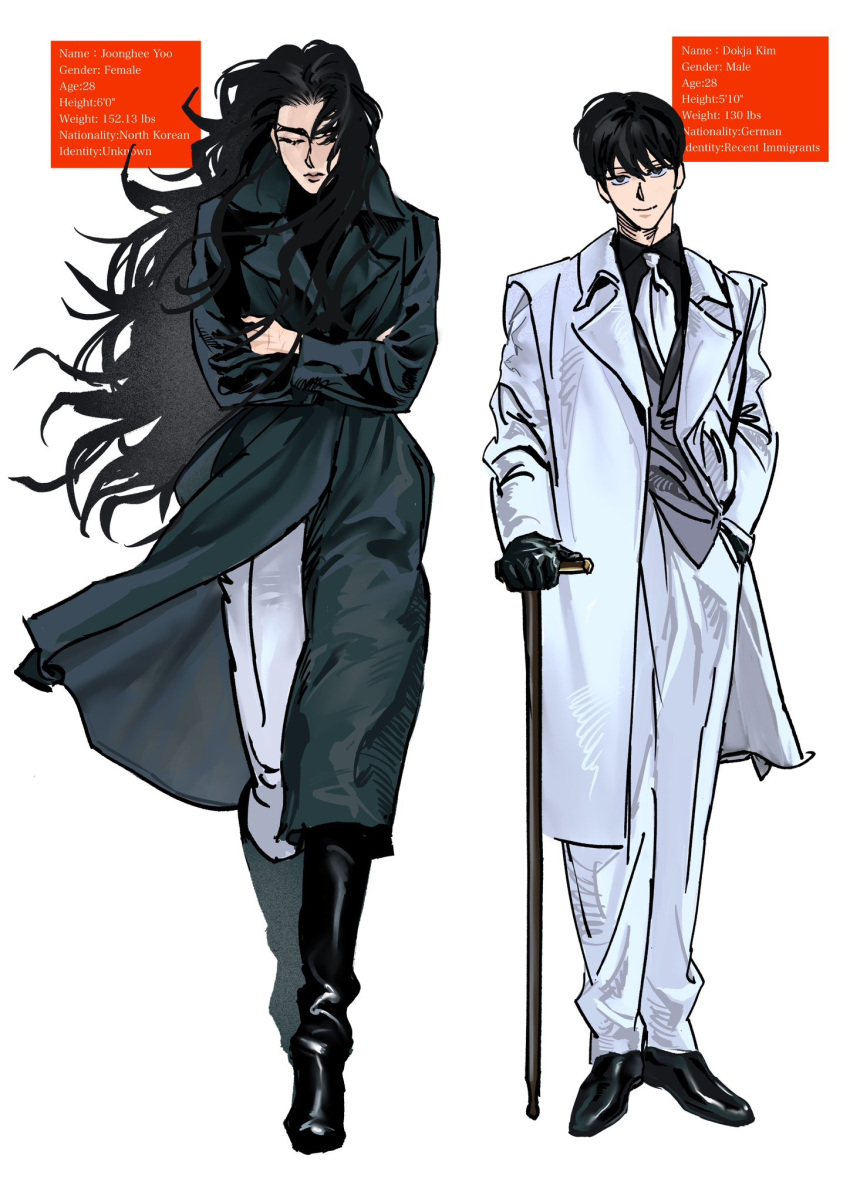 1boy, 1girl, black_boots, black_coat, black_gloves, black_hair, black_shirt, boots