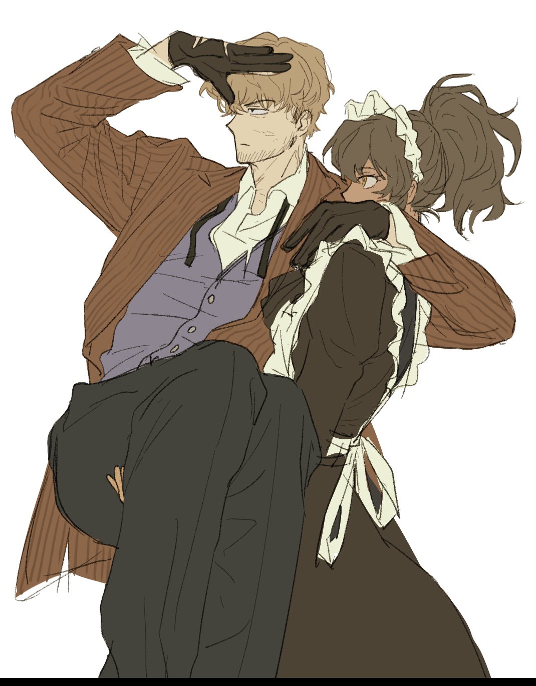 1boy, 1girl, apron, arm_around_neck, black_dress, black_gloves, black_pants, blonde_hair