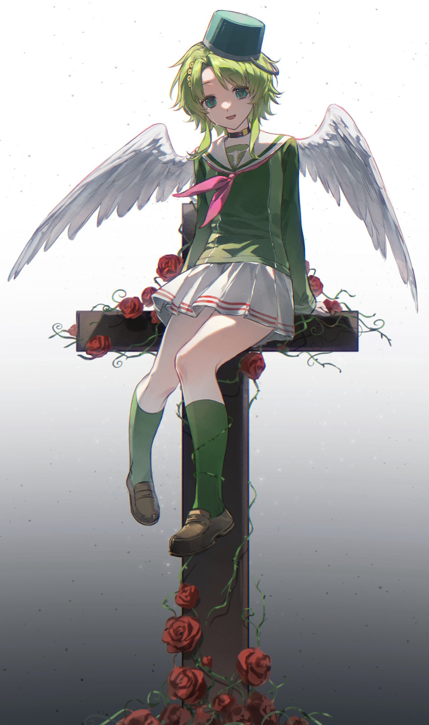 1girl, absurdres, angel_wings, arm_support, blue_eyes, brown_shoes, bucket, bucket_on_head