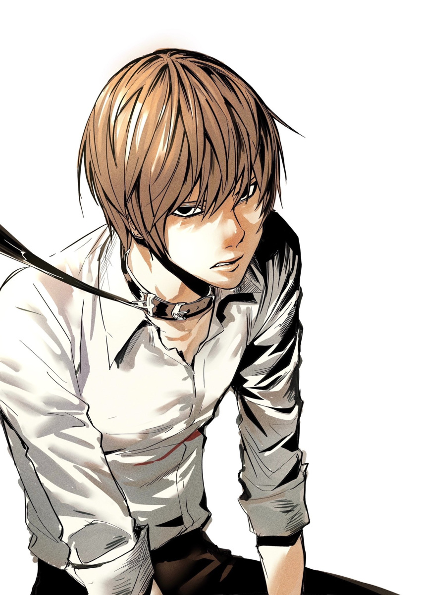 10kira, 1boy, animal_collar, black_eyes, black_pants, brown_hair, clenched_teeth, collar
