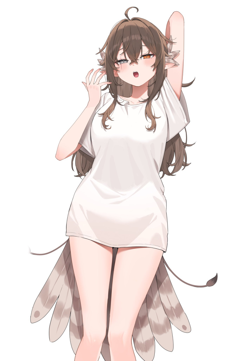 1girl, ahoge, aotake_iro, arm_up, bird_girl, bird_tail, brown_feathers, brown_hair
