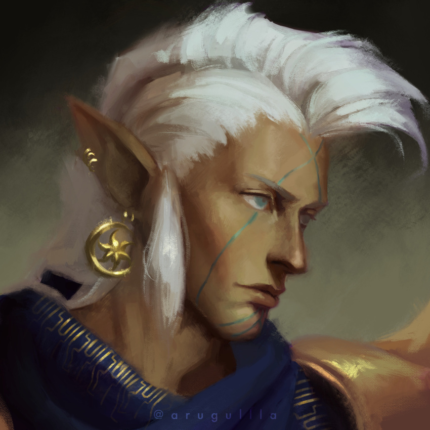 1boy, armor, artist_name, arugullla, black_background, blue_eyes, blue_scarf, commentary