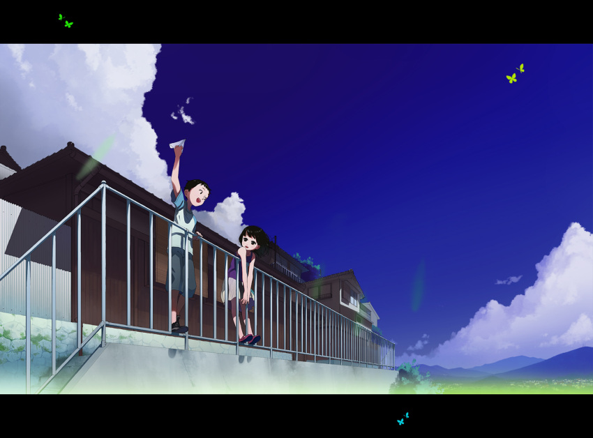 black_hair, brown_eyes, butterfly, child, clouds, ichikawa, original, paper_airplane, scenery, scenic, sky