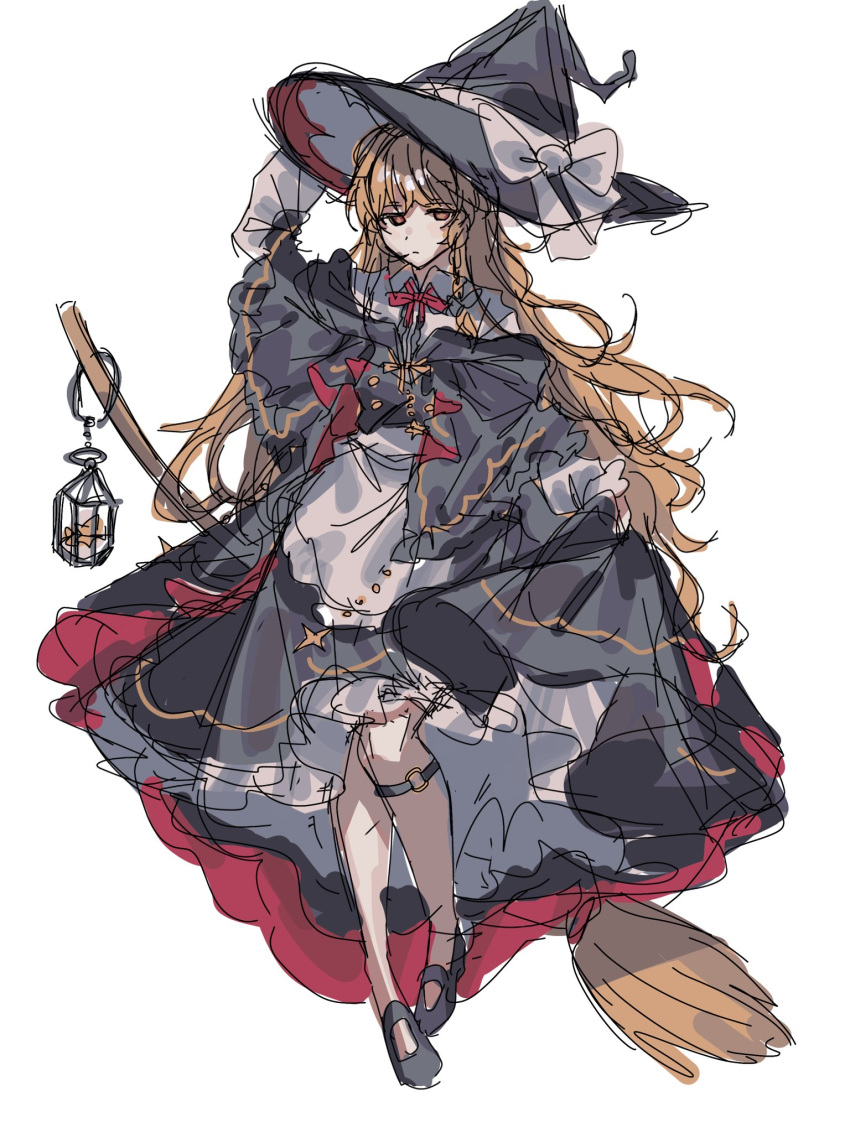 1girl, adapted_costume, amatukimahoro, apron, arm_up, black_hat, black_shoes, blonde_hair