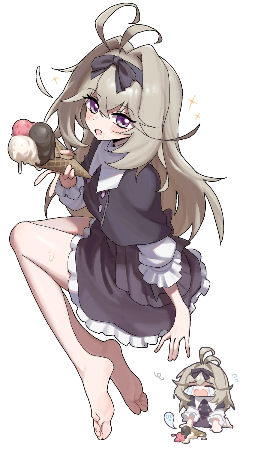 1girl, absurdres, antenna_hair, barefoot, black_capelet, black_dress, black_ribbon, blush