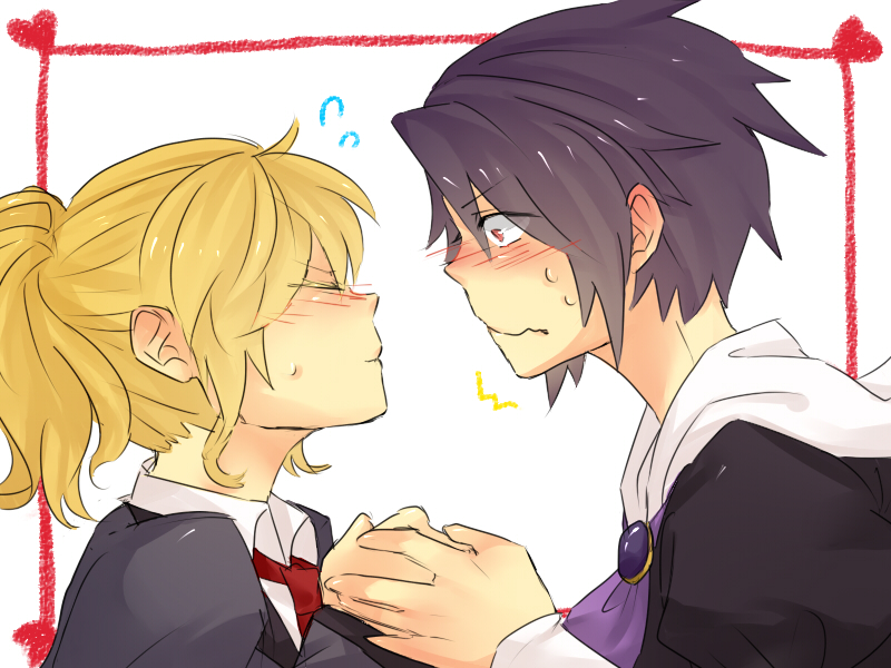 blonde_hair, blush, closed_eyes, eyes_closed, hand_holding, holding_hands, incipient_kiss, kanon_(umineko)