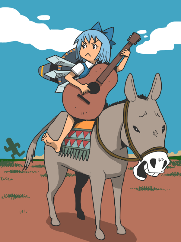 1girl, 2others, acoustic_guitar, animal, barefoot, blue_eyes, blue_hair, bow
