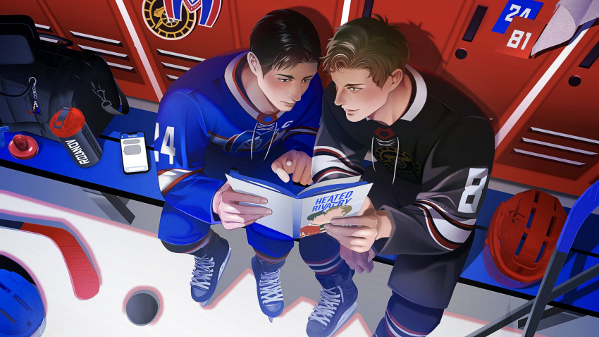 2boys, bench, black_hair, black_pants, black_shirt, blue_pants, blue_shirt, book