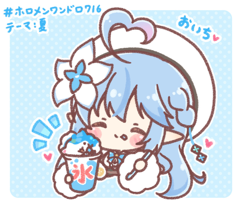 1girl, :p, ^_^, ahoge, beret, blue_background, blue_bow, blue_hair