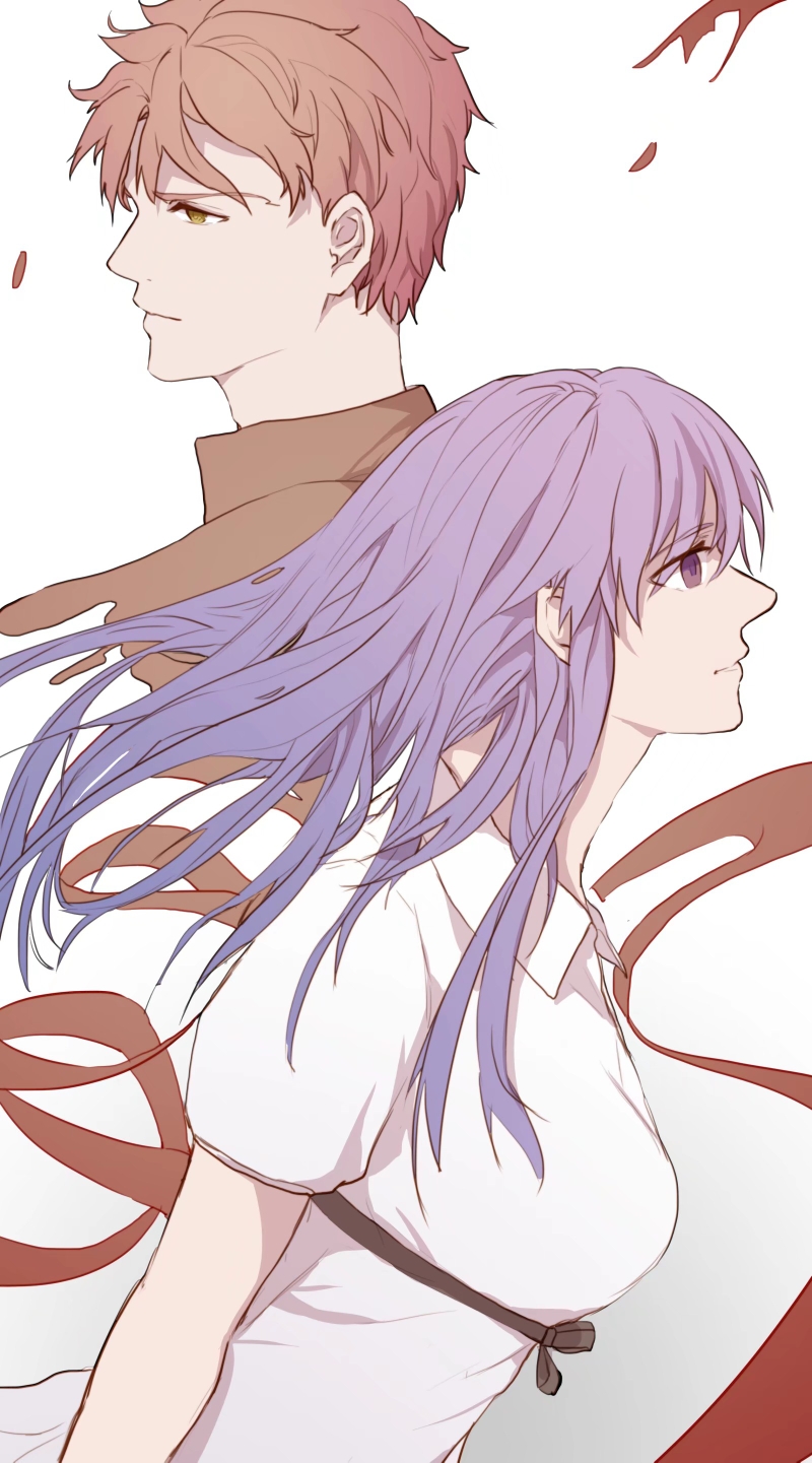 1boy, 1girl, 949805342, black_ribbon, brown_hair, closed_mouth, commentary_request, emiya_shirou