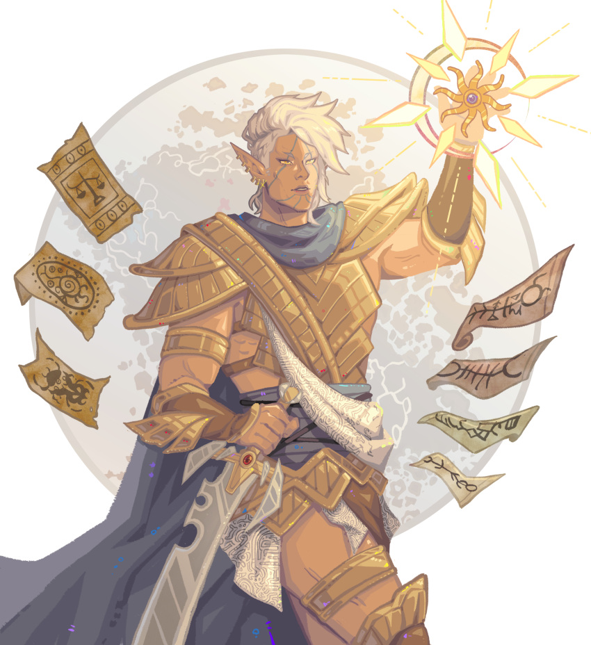 1boy, armor, blue_cape, blue_scarf, brown_loincloth, calibantree, cape, commentary