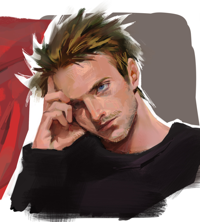 1boy, beard_stubble, black_hair, blonde_hair, blue_eyes, breaking_bad, crew_neck, cropped_shoulders