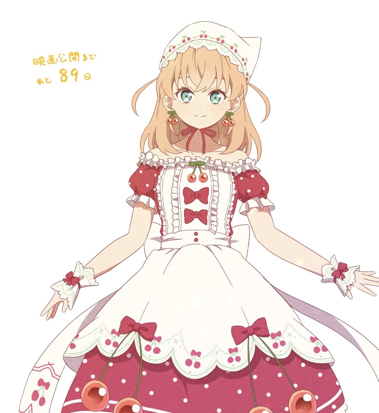 1girl, bare_shoulders, bonnet, cherry_earrings, cherry_picnic_(love_live!), closed_mouth, commentary_request, countdown