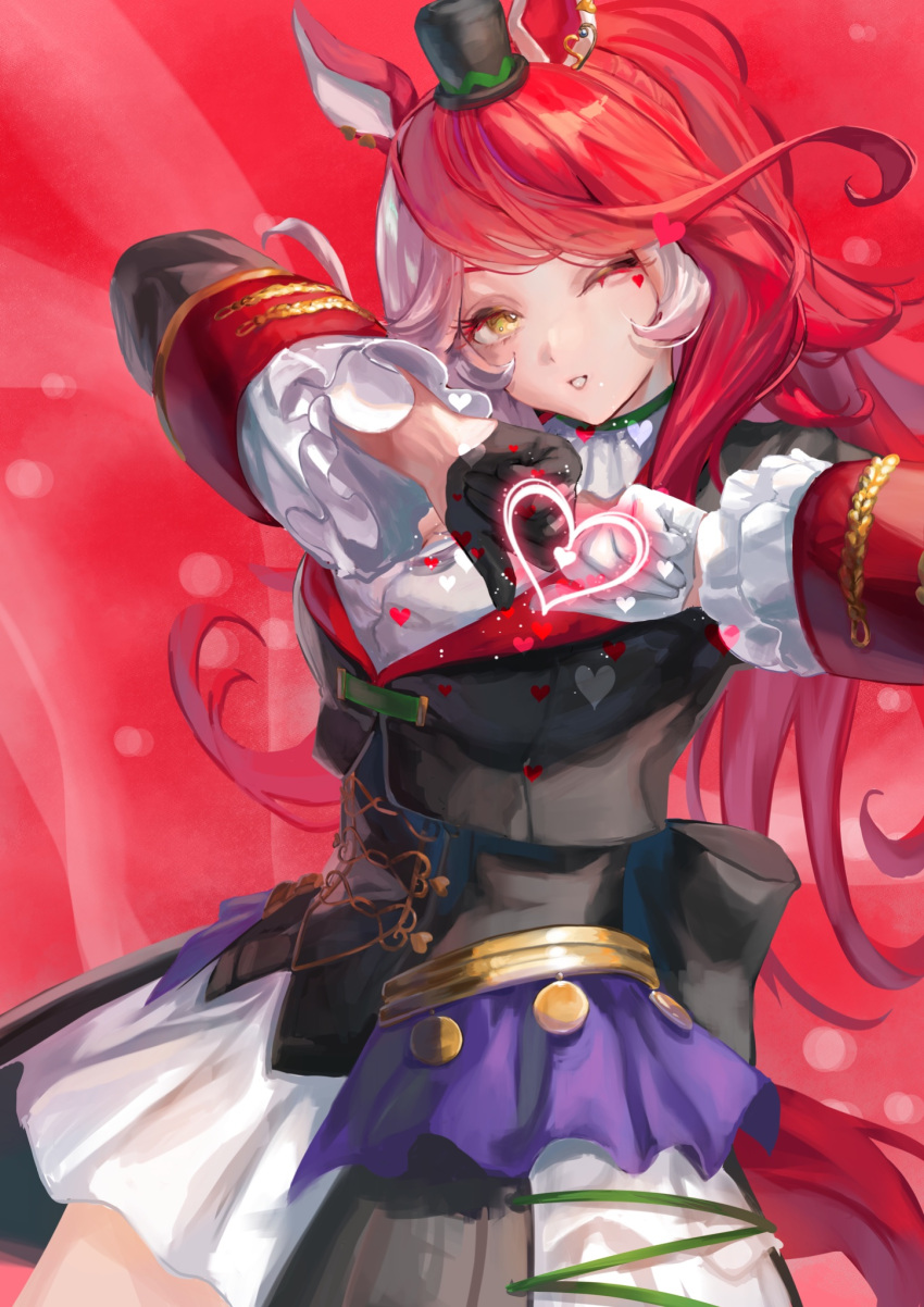1girl, animal_ears, asymmetrical_gloves, black_gloves, black_hat, black_jacket, blush, colored_inner_animal_ears