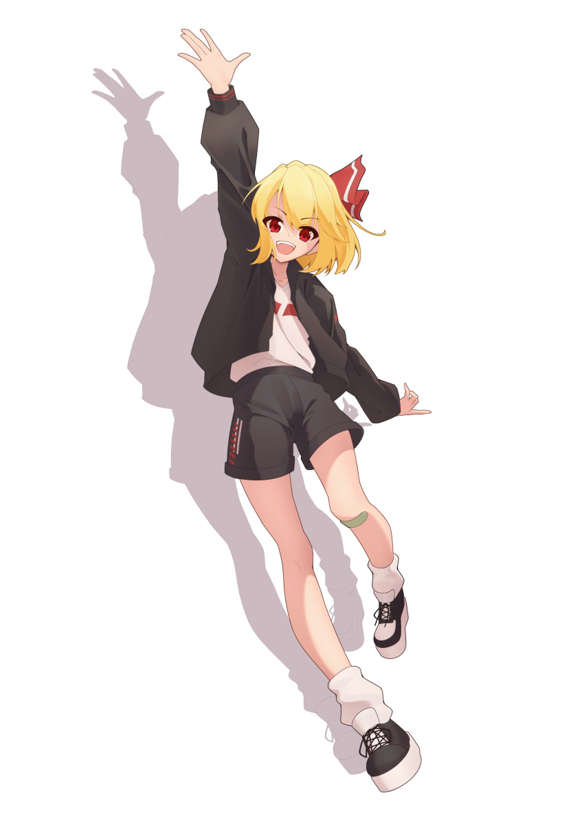 1girl, absurdres, alternate_costume, bandaid, bandaid_on_knee, bandaid_on_leg, black_jacket, black_shoes, black_shorts, blonde_hair, chinese_commentary, commentary_request, contemporary, full_body, hair_ribbon, hehejiu, highres, jacket, looking_at_viewer, medium_hair, open_clothes, open_jacket, open_mouth, red_eyes, red_ribbon, ribbon, rumia, shadow, shirt, shoes, shorts, smile, socks, solo, touhou, white_shirt, white_socks